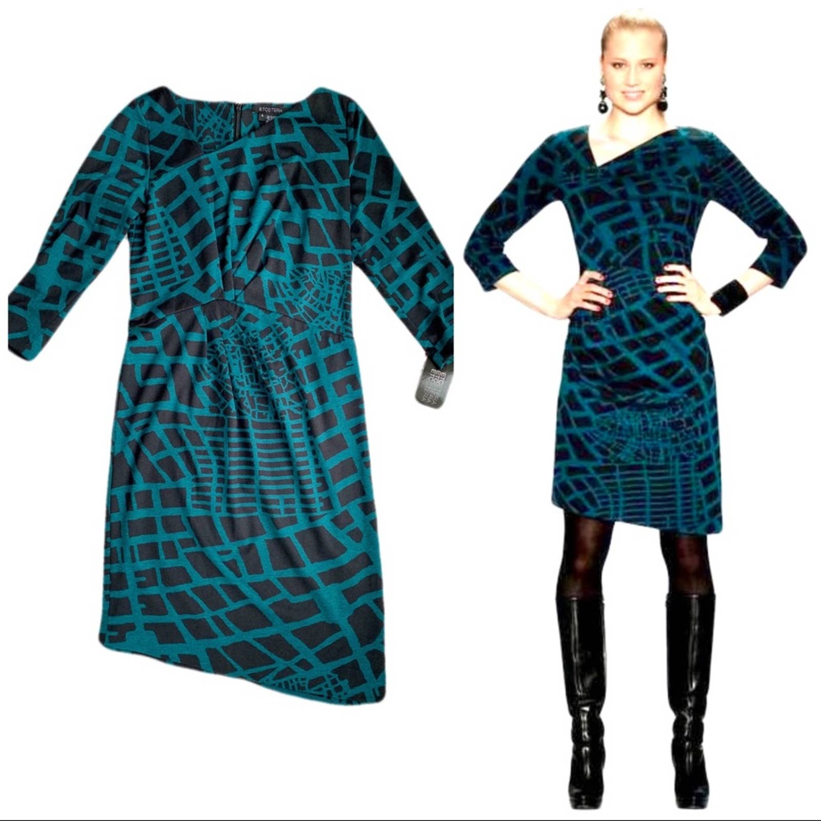 Etcetera Teal & Black Knit Asymmetric-Hem Dress 4 Nwt